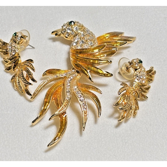 Vtg Set 3, Bird of Paradise Lg 3" Enamel Rhinestone Chrystal Pin Brooch/Earrings - Picture 3 of 16